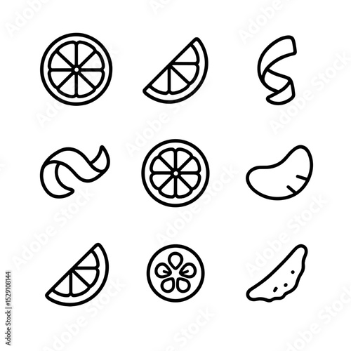 Citrus Garnishes Icons. Outline icon set of citrus garnishes: lemon wheel, lime wedge, orange twist, grapefruit peel, citron slice