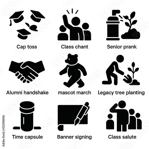 Class Tradition Icons. Flat icon set of class traditions: cap toss, class chant, senior prank, alumni handshake, mascot march,