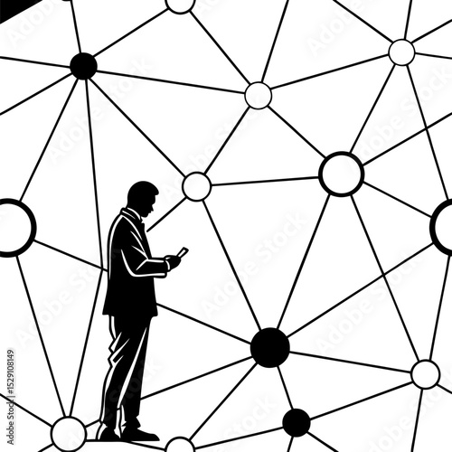 Connected Man: A man, silhouetted against a network of interconnected nodes, contemplates the flow of information, reflecting themes of global communication and technological advancement.
