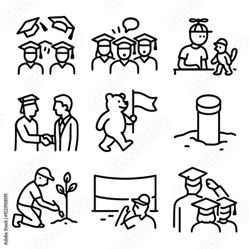 Class Traditions Icons. Outline icon set of class traditions: cap toss, class chant, senior prank, alumni handshake, mascot march,