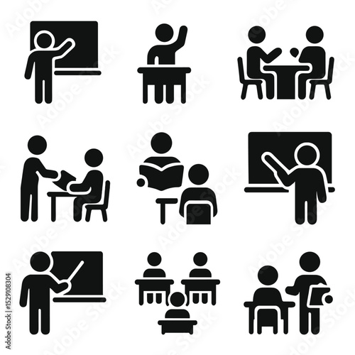 Classroom Teaching Icons. Solid, Filled icon set of classroom teaching moments: teacher pointing, student raising hand, group