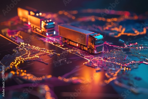 A futuristic digital map features illuminated routes with three cargo trucks symbolizing advanced logistics and transportation networks.