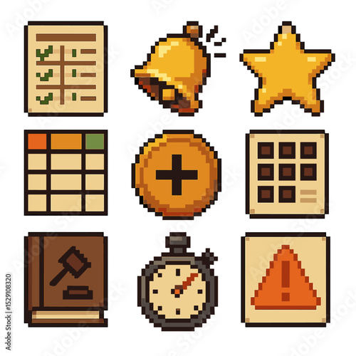 Classroom Management Icons. Pixel art icon set of classroom management: attendance sheet, bell, star sticker, behavior chart,