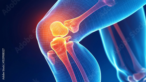 3D illustration of a human knee joint with a highlighted pain area, depicting orthopedic and joint pain concepts in healthcare