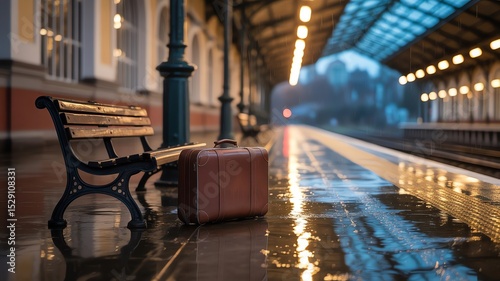 Suitcase and bench at a rainy train station