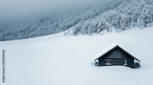 A serene snowy landscape featuring a solitary cabin surrounded by a blanket of white, embodying tranquility, isolation, and the peaceful beauty of a winter wonderland.