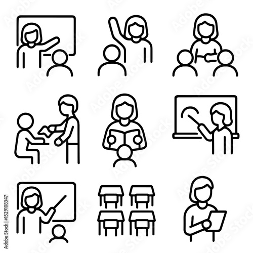 Classroom Teaching Icons. Outline icon set of classroom teaching moments: teacher pointing, student raising hand, group discussion