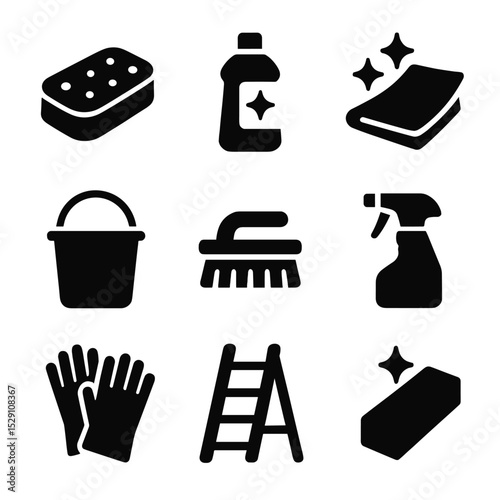 Cleaning Tools Icons. Solid, Filled icon set of cleaning white walls: sponge, cleaning solution bottle, microfiber cloth, bucket,