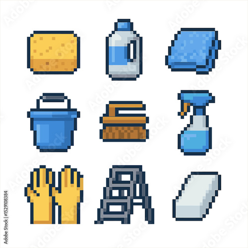 Cleaning Tools Icons. Pixel art icon set of cleaning white walls: sponge, cleaning solution bottle, microfiber cloth, bucket,