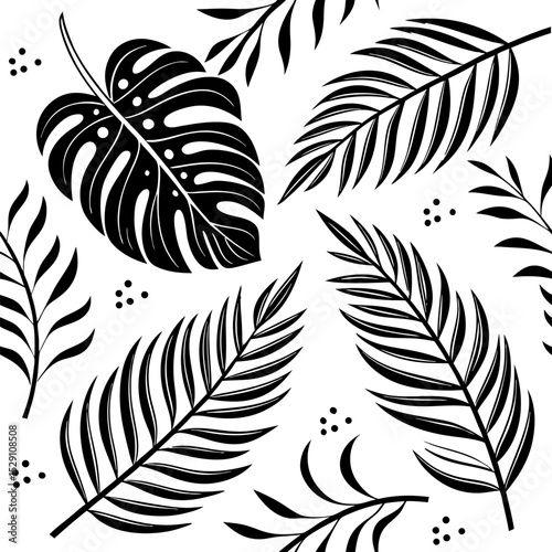 Tropical Leaf Pattern: A stylish black and white illustration featuring various tropical leaves, including palm fronds and monstera deliciosa leaves, creating a seamless and repeating pattern.