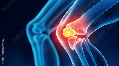 3D rendering of human knee joint with highlighted pain area. Illustration for medical and healthcare concepts related to orthopedics and joint pain.