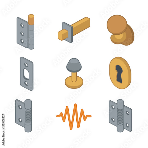 Door Hardware Icons. Isometric Flat icon set of door hardware and mechanics: hinge pin, latch bolt, doorknob, deadbolt, strike