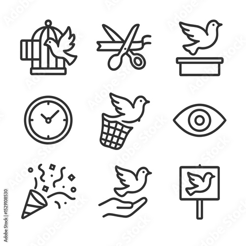 Dove Release Icon Set. Outline icon set of dove release ceremony: open cage, ribbon cutter, platform stage, timing clock, release