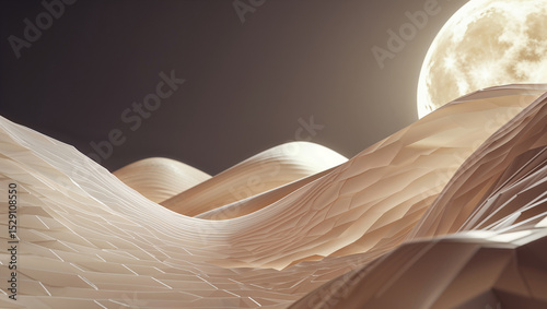 Abstract landscape illustration featuring wavy geometric forms and a glowing full moon