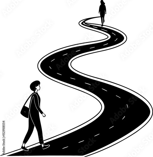 Navigating the Path: Silhouette figures traverse the winding road, symbolizing personal growth, journey, and aspirations in a minimalist, graphic representation.