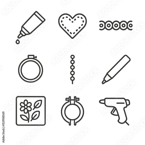 DIY Scarf Icons. Outline icon set of DIY scarf decoration: fabric paint tube, iron-on patch, sequin trim, embroidery hoop, bead