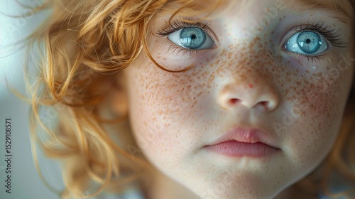 A close-up of a young child with striking blue eyes and adorable freckles, evoking innocence and wonder. The soft focus emphasizes the beauty and purity of childhood.
