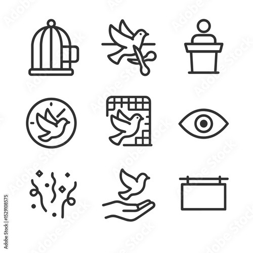 Dove Release Icon Set. Outline icon set of dove release ceremony: open cage, ribbon cutter, platform stage, timing clock, release