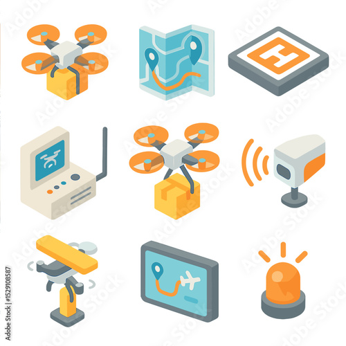 Drone Icon Set. Isometric Flat icon set of drone and autonomous delivery: delivery drone, air corridor map, landing pad, drone