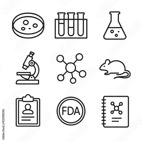 Drug Development Icons. Outline icon set of drug development stages: petri dish, test tube rack, lab flask, microscope, molecular