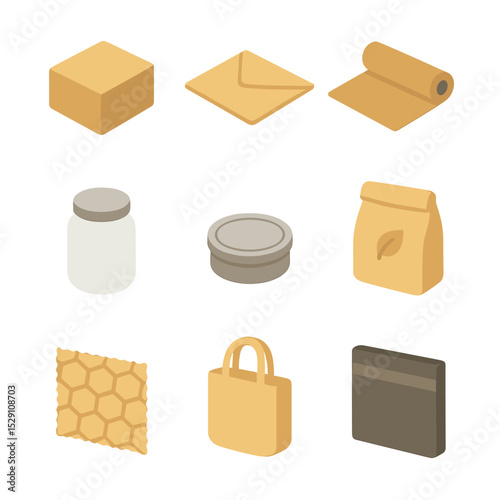 Eco-Friendly Packaging Icons. Isometric Flat icon set of plastic-free packaging alternatives: paper box, cardboard mailer, kraft