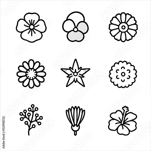 Edible Flower Icons. Outline icon set of edible flower accents: nasturtium blossom, pansy petal, violet bloom, calendula head,
