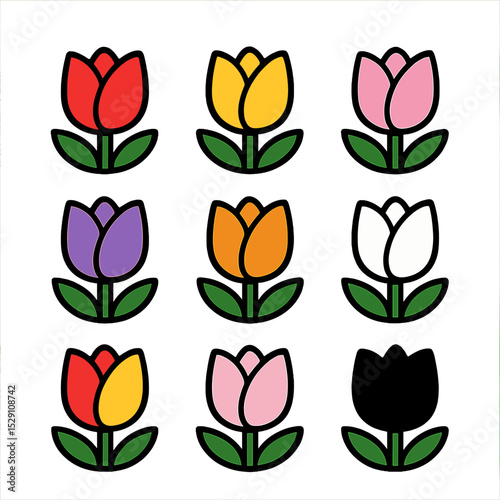 Colorful Tulip Icons. Solid, Filled icon set of tulip colors: red, yellow, pink, purple, orange, white, black, bi-color, pastel. .