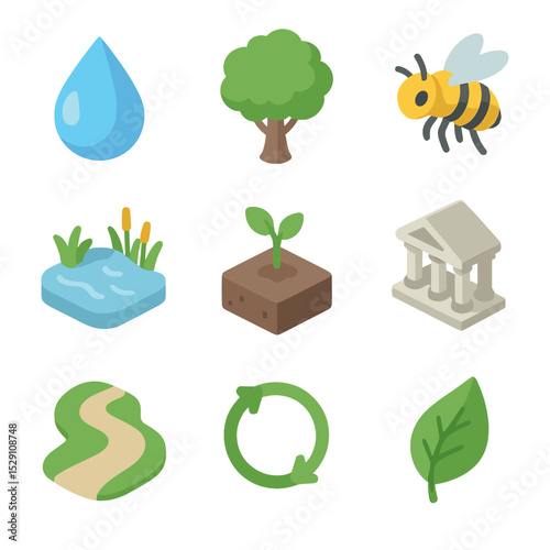 Ecosystem Services Icons. Isometric Flat icon set of ecosystem services valuation: clean water drop, carbon sequestration tree,