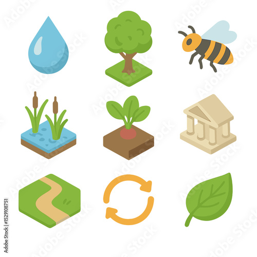 Ecosystem Services Icons. Isometric Flat icon set of ecosystem services valuation: clean water drop, carbon sequestration tree,
