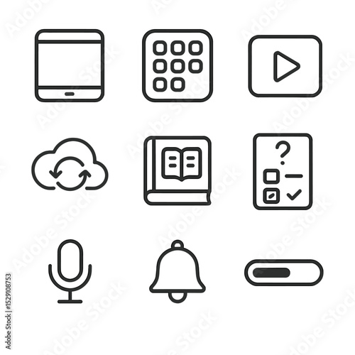 Educational Apps Icons. Outline icon set of educational apps and tools: tablet device, app icon grid, video tutorial play button,