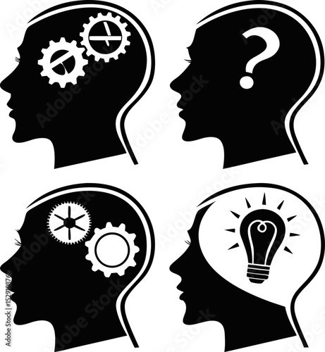 Brain Process of Thought: A conceptual visual showcasing mental processes, offering insights into human thought, idea generation, problem-solving, and innovation with gears, question marks.