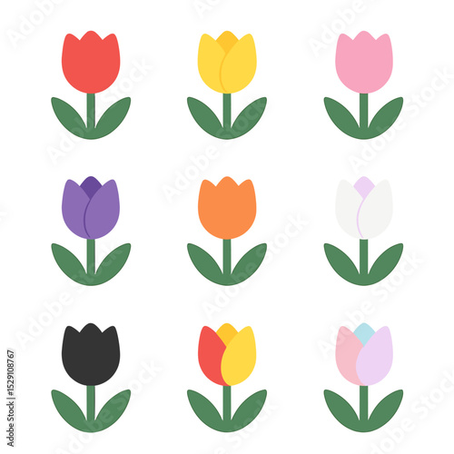 Colorful Tulip Icons. Flat icon set of tulip colors: red, yellow, pink, purple, orange, white, black, bi-color, pastel. .