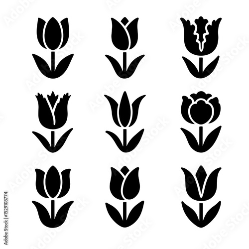 Colorful Tulip Icon Grid. Solid, Filled icon set of tulip varieties: Darwin, Triumph, Parrot, Fringed, Lily-flowered, Double,