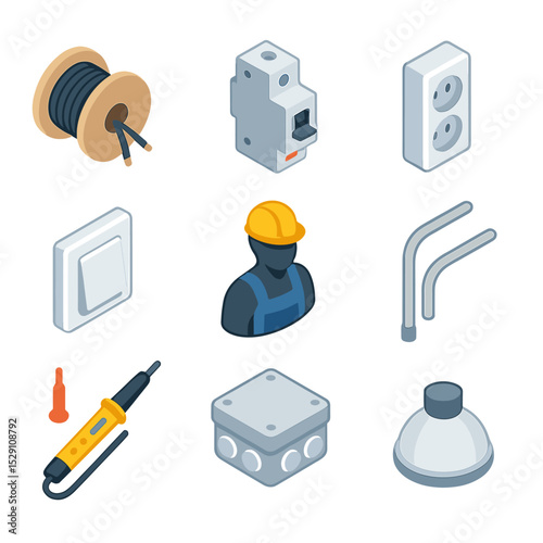 Electrical Icon Set. Isometric Flat icon set of electrical installation items: wire spool, circuit breaker, outlet, switch,
