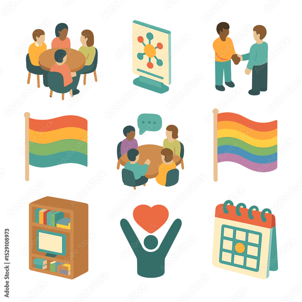 Naklejka premium Employee Resource Icons. Isometric Flat icon set of employee resource groups: group meeting, network poster, mentorship handshake,