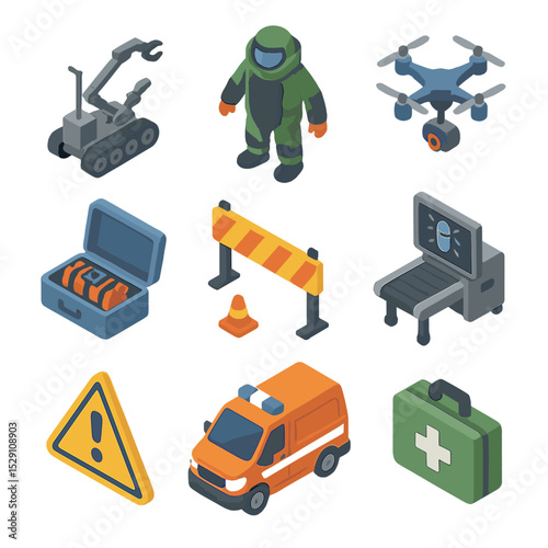 Emergency Response Icons. Isometric Flat icon set of emergency defense response: bomb disposal robot, EOD suit, detection drone,