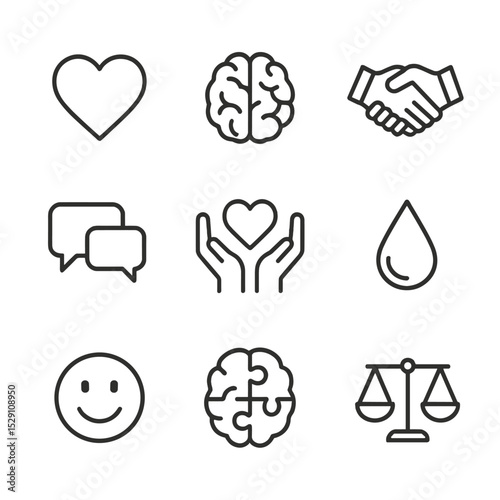Emotional Intelligence Icons. Outline icon set of emotional intelligence training: heart icon, brain icon, handshake, speech
