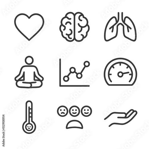 Emotional Regulation Icons. Outline icon set of emotional regulation coaching: heart symbol, brain silhouette, breathing lungs,