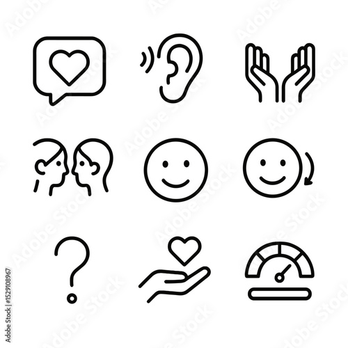 Empathy Icons Set. Outline icon set of empathetic communication: speech bubble heart, listening ear, open hands, eye contact icon,