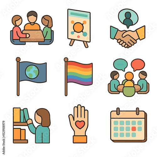 Employee Resource Icons. Isometric Flat icon set of employee resource groups: group meeting, network poster, mentorship handshake,