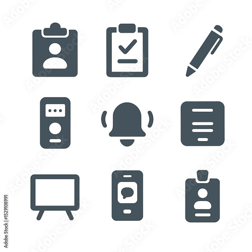 Communication Icon Set. Flat icon set of communication and records: patient chart, consent form, pen, voice recorder, alarm bell,