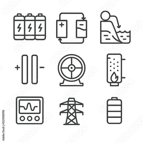Energy Storage Icons. Outline icon set of energy storage: battery bank, flow battery, pumped hydro, supercapacitor, flywheel,