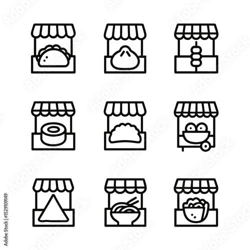 Ethnic Cuisine Icons. Outline icon set of ethnic cuisine stalls: taco shell, dumpling, kebab skewer, sushi roll, empanada, falafel