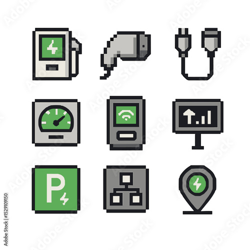 EV Charging Icons. Pixel art icon set of electric vehicle charging network: charging station, connector plug, charging cable,