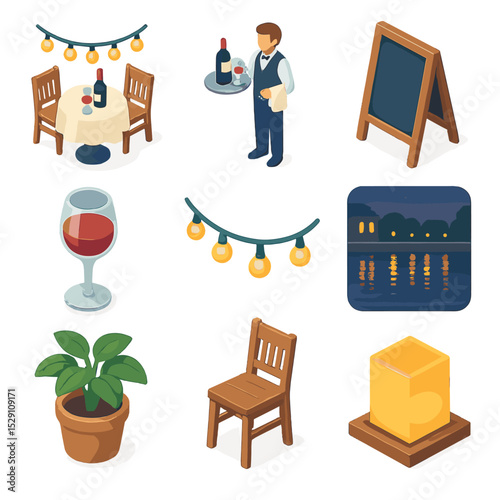 Evening Riverside Dining Icons. Isometric Flat icon set of evening riverside dining: outdoor café table, street waiter, menu board
