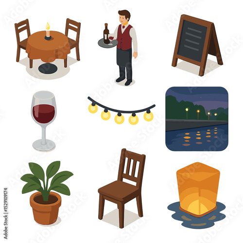 Evening Riverside Dining Icons. Isometric Flat icon set of evening riverside dining: outdoor café table, street waiter, menu board