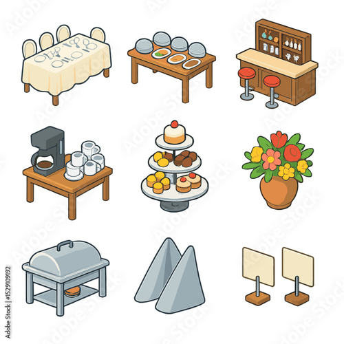 Event Catering Icons. Isometric Flat icon set of event catering setups: banquet table, buffet station, cocktail bar, coffee corner