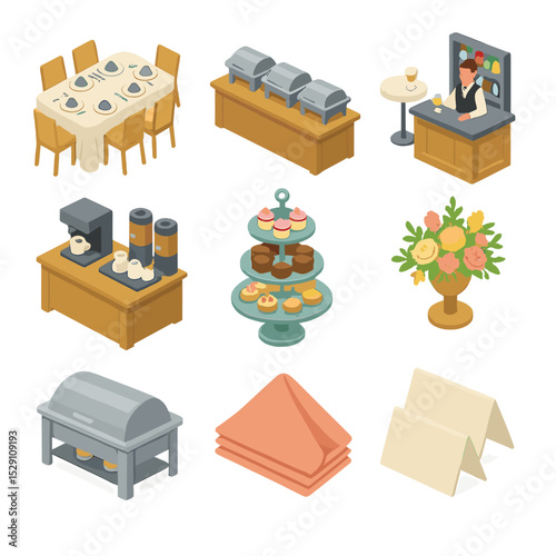 Event Catering Icons. Isometric Flat icon set of event catering setups: banquet table, buffet station, cocktail bar, coffee corner