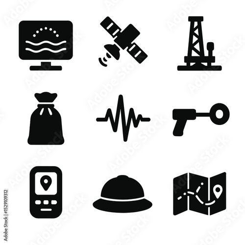 Exploration Method Icons. Solid, Filled icon set of exploration methods: geophysical survey, satellite imagery, core drilling,