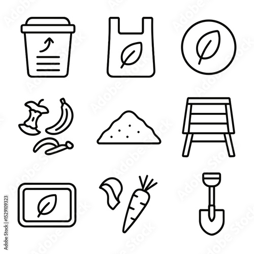 Compostable Packaging Icons. Outline icon set of compostable packaging: compost bin, compostable bag, leaf emblem, kitchen scraps,